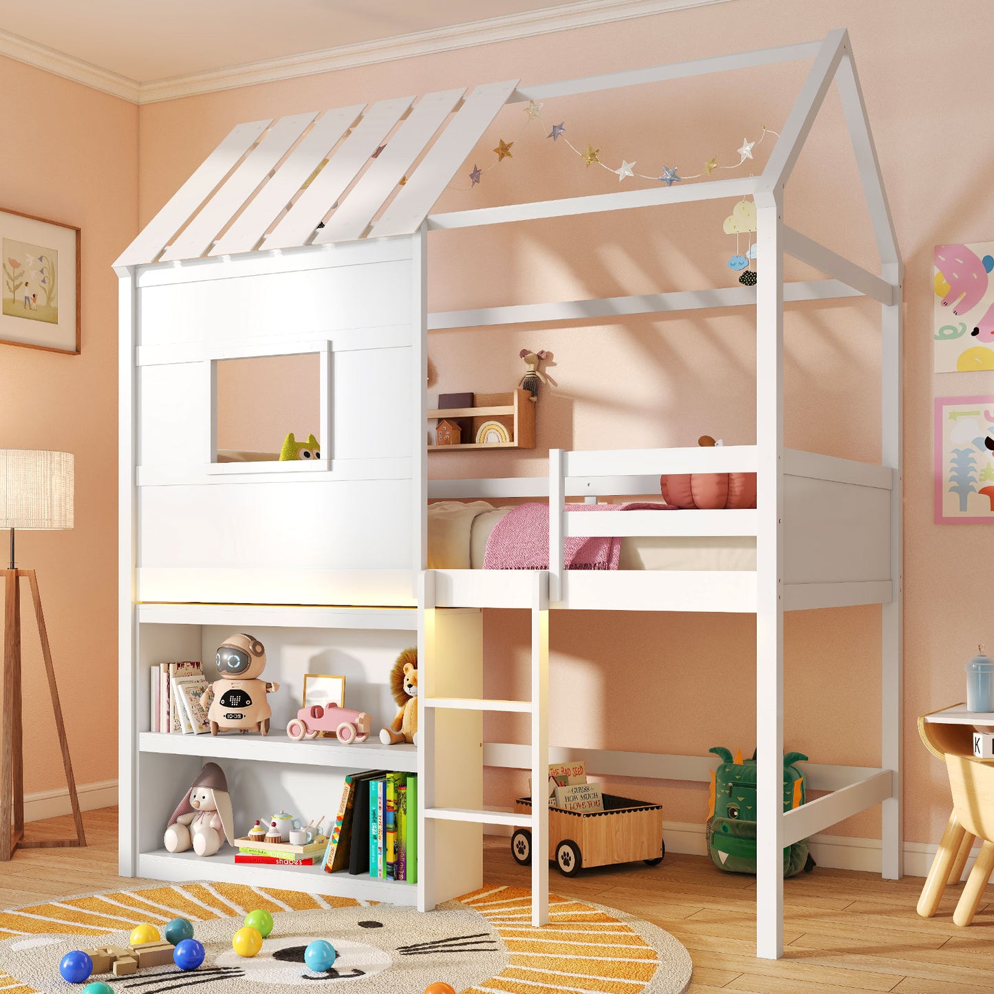 Twin Size Loft Bed with LED Lights Roof Window and Storage Bookshelf, White Bunk Bed Frame at Gallery Canada