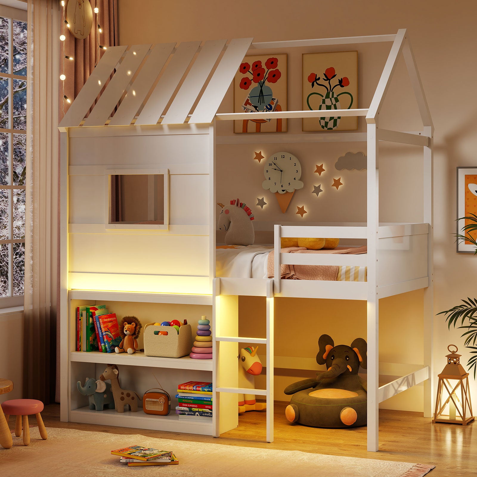 Twin Size Loft Bed with LED Lights Roof Window and Storage Bookshelf, White Bunk Bed Frame at Gallery Canada