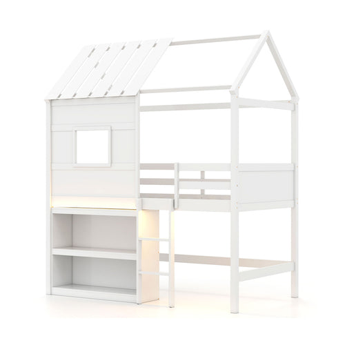Twin Size Loft Bed with LED Lights  Roof  Window and Storage Bookshelf, White