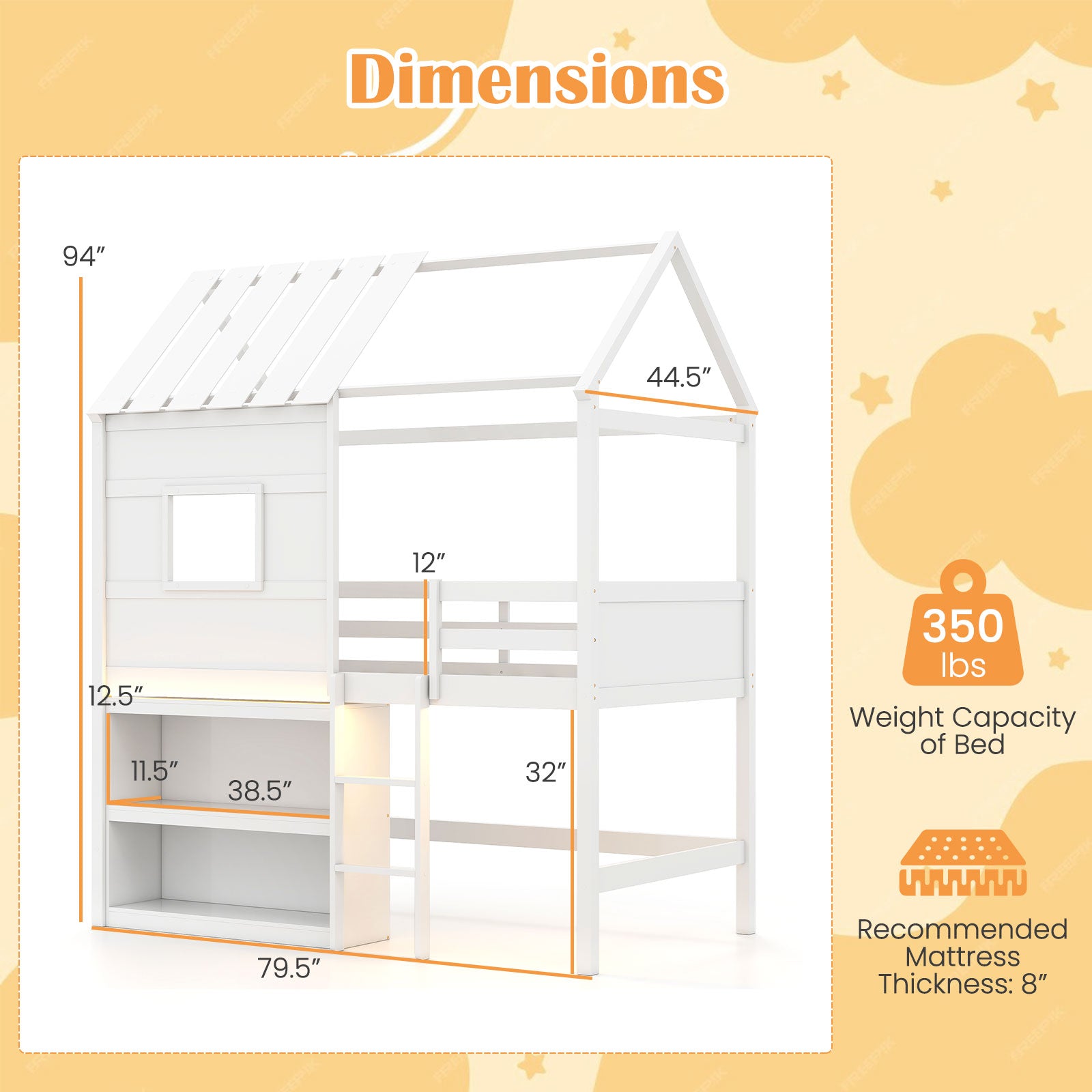 Twin Size Loft Bed with LED Lights Roof Window and Storage Bookshelf, White Bunk Bed Frame at Gallery Canada