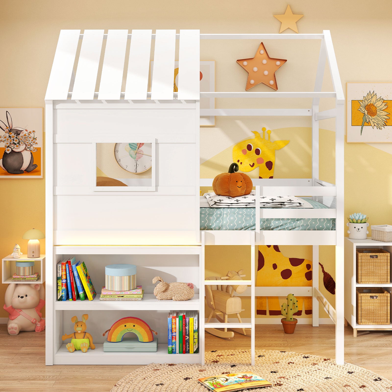 Twin Size Loft Bed with LED Lights Roof Window and Storage Bookshelf, White Bunk Bed Frame at Gallery Canada