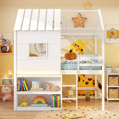 Twin Size Loft Bed with LED Lights Roof Window and Storage Bookshelf, White Bunk Bed Frame at Gallery Canada