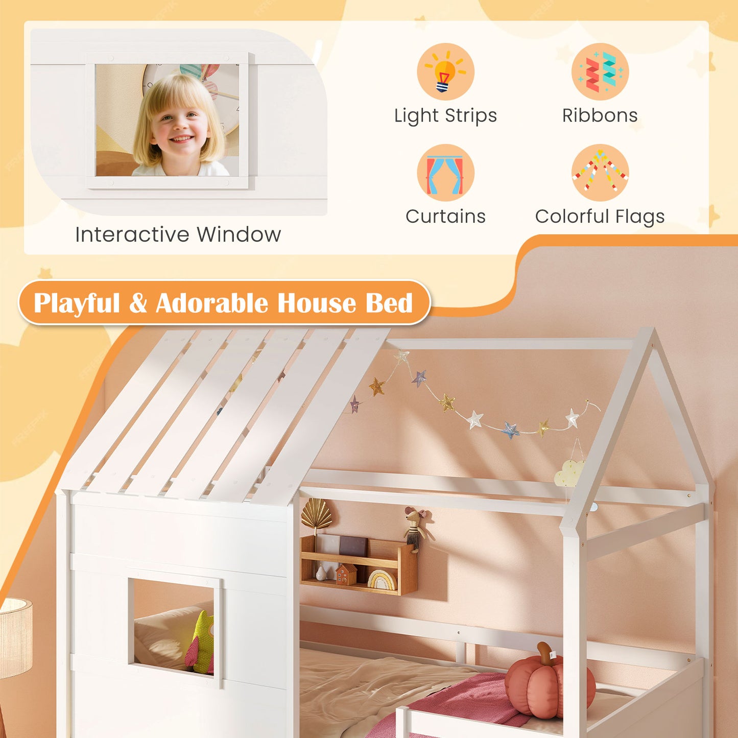 Twin Size Loft Bed with LED Lights Roof Window and Storage Bookshelf, White Bunk Bed Frame at Gallery Canada