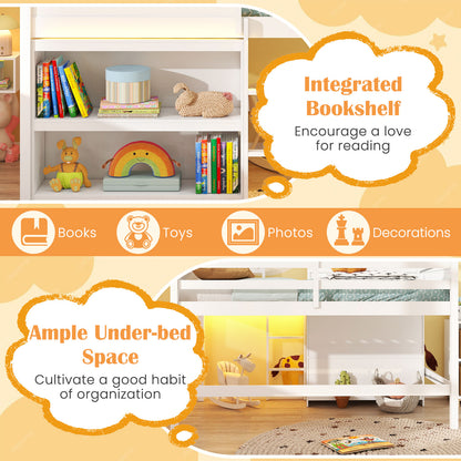 Twin Size Loft Bed with LED Lights Roof Window and Storage Bookshelf, White Bunk Bed Frame at Gallery Canada