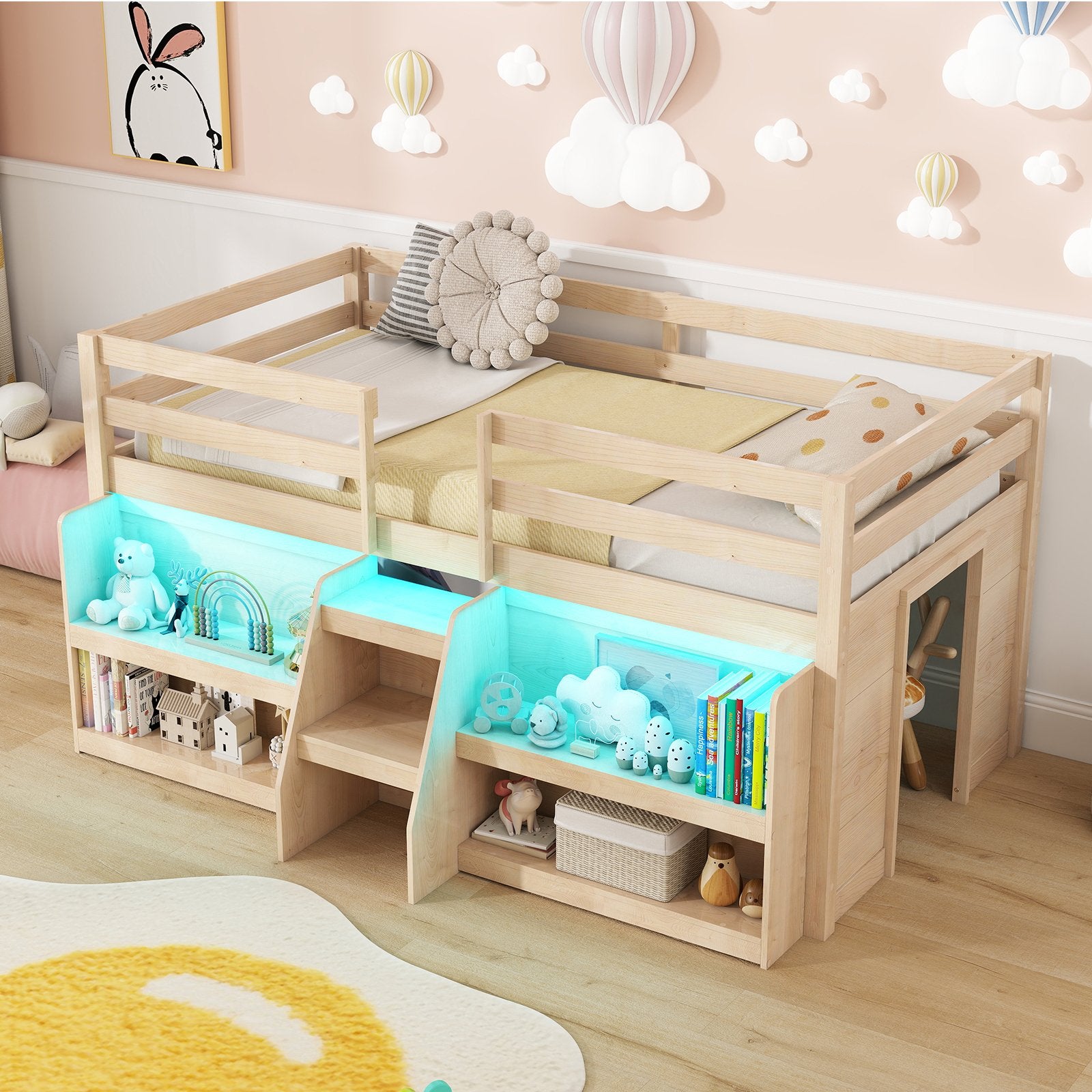 Twin Size Loft Bed with LED Lights with Staircase and Safety Guardrail, Natural Toddler Beds at Gallery Canada