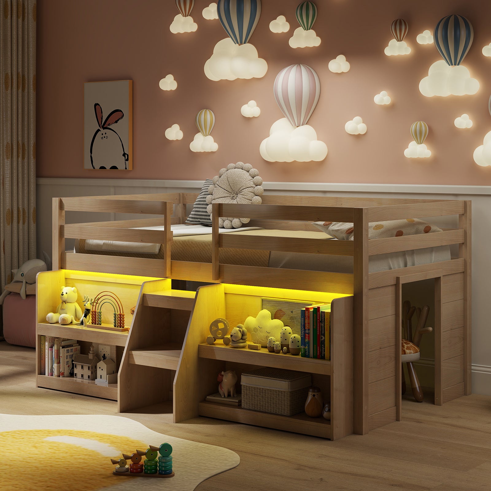 Twin Size Loft Bed with LED Lights with Staircase and Safety Guardrail, Natural Toddler Beds at Gallery Canada