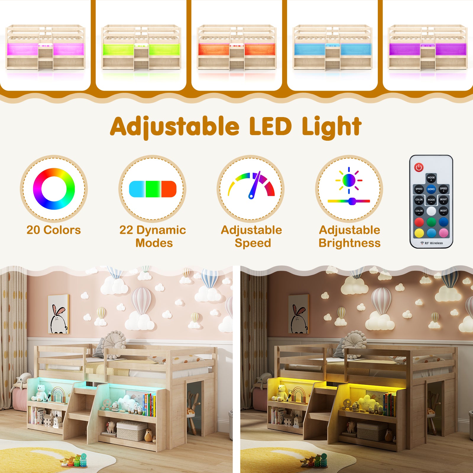 Twin Size Loft Bed with LED Lights with Staircase and Safety Guardrail, Natural Toddler Beds at Gallery Canada