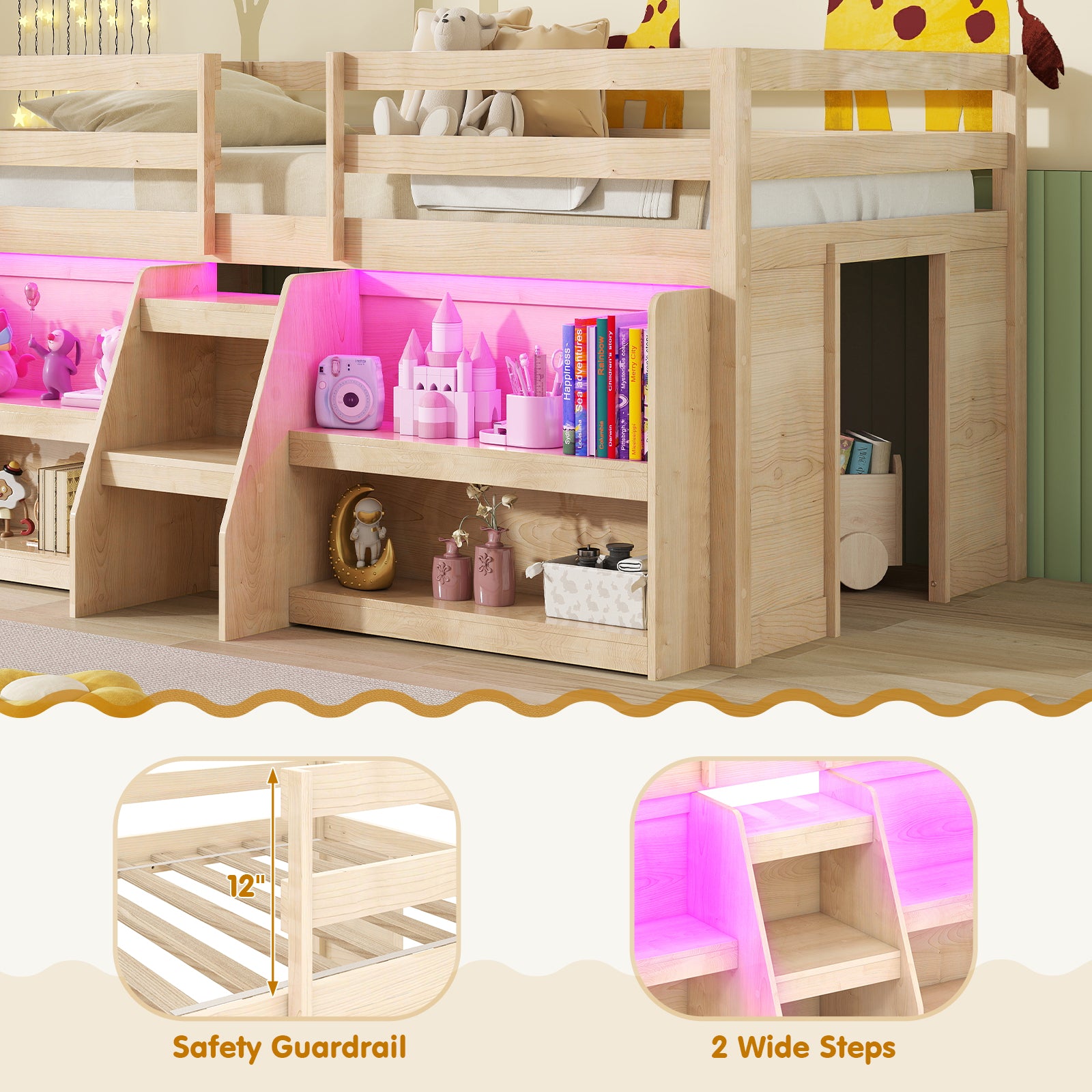 Twin Size Loft Bed with LED Lights with Staircase and Safety Guardrail, Natural Toddler Beds at Gallery Canada