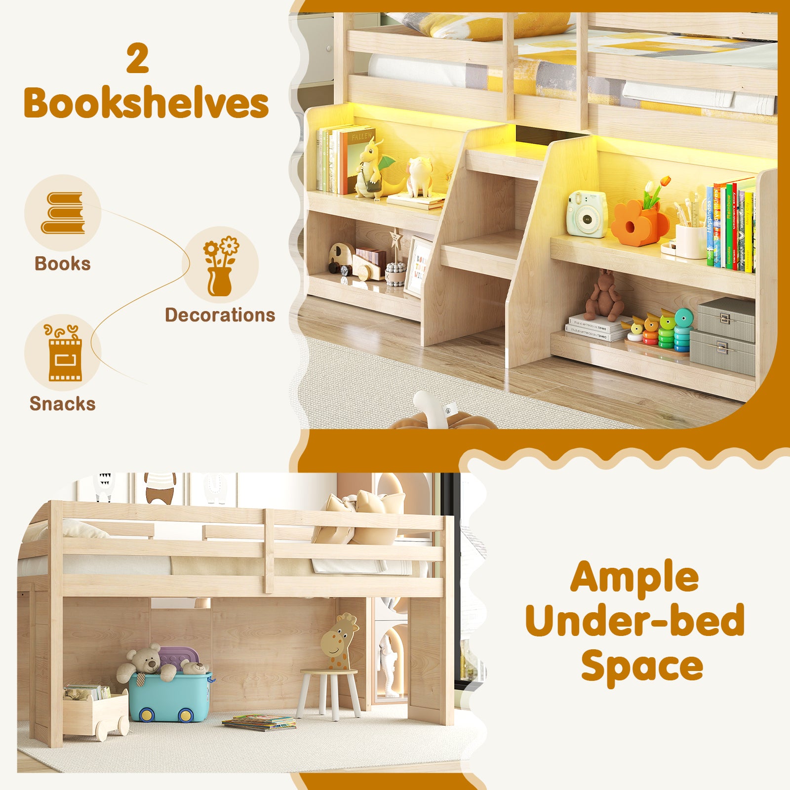 Twin Size Loft Bed with LED Lights with Staircase and Safety Guardrail, Natural Toddler Beds at Gallery Canada