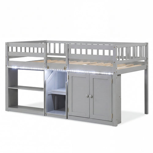 Twin Size Loft Bed With LED Lights, Wooden Frame, Gray
