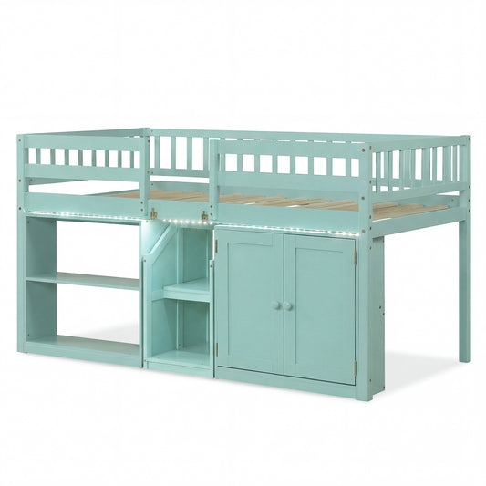 Twin Size Loft Bed With LED Lights, Wooden Bed Frame, Green Bunk Bed Frame Green at Gallery Canada