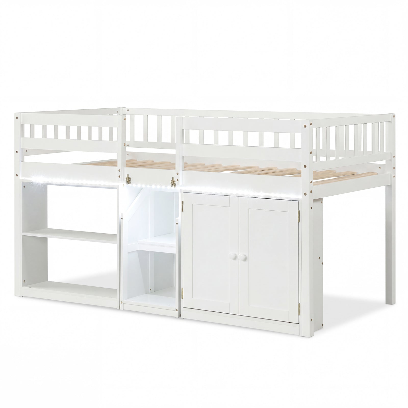 Twin Size Loft Bed With LED Lights, Kids Wooden Bed Frame, White Bunk Bed Frame at Gallery Canada
