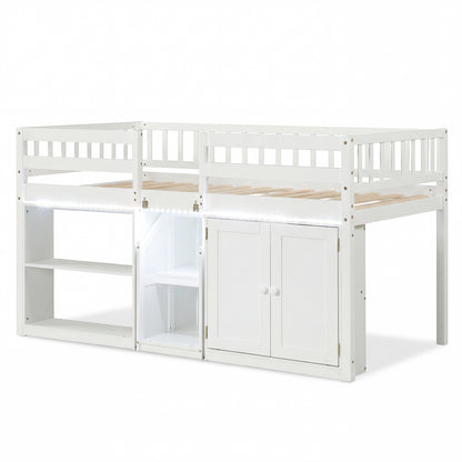 Twin Size Loft Bed With LED Lights, Kids Wooden Bed Frame, White Bunk Bed Frame at Gallery Canada