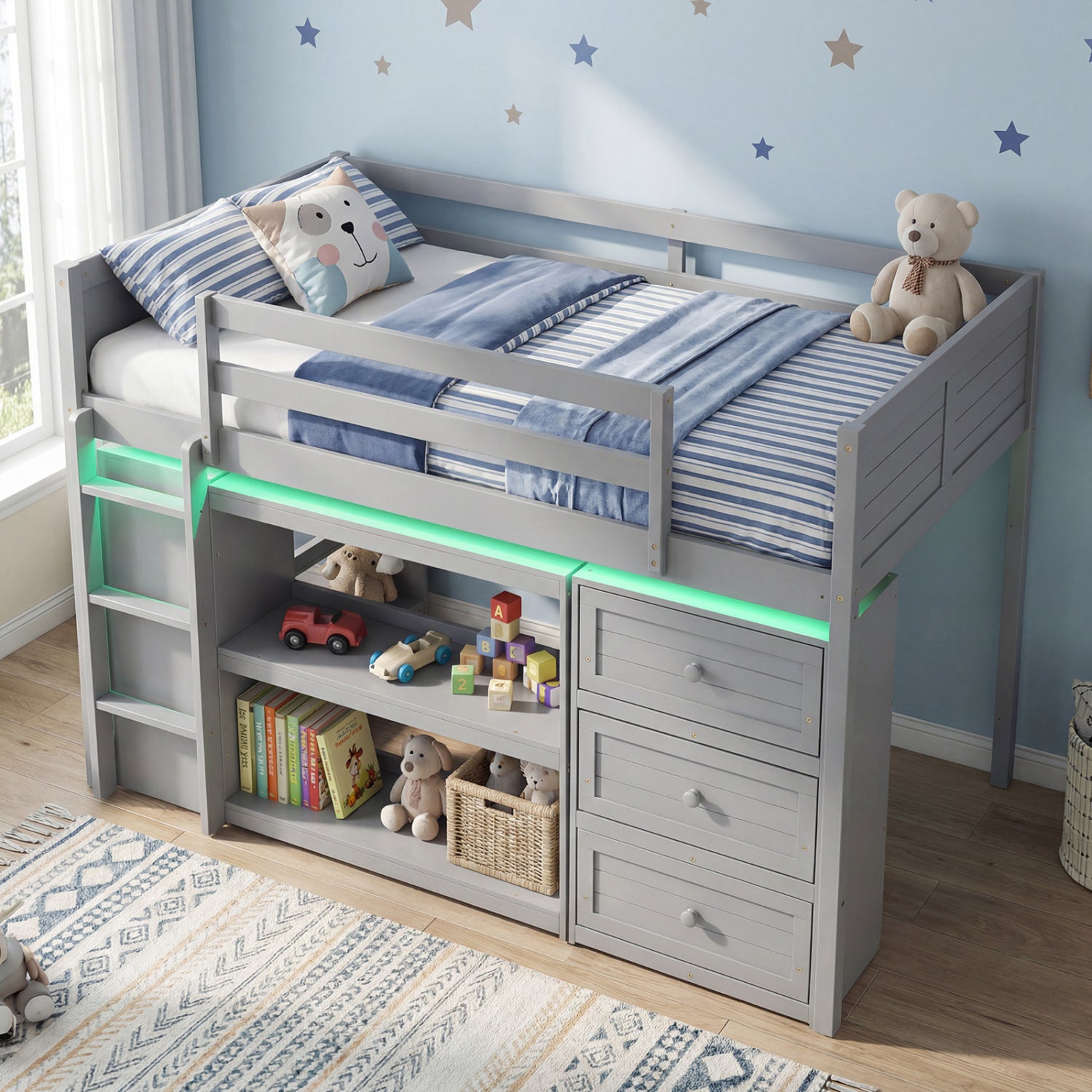 Twin Size Loft Bed with LED Lights and Underbed Space for Kids, Gray Bunk Bed Frame at Gallery Canada
