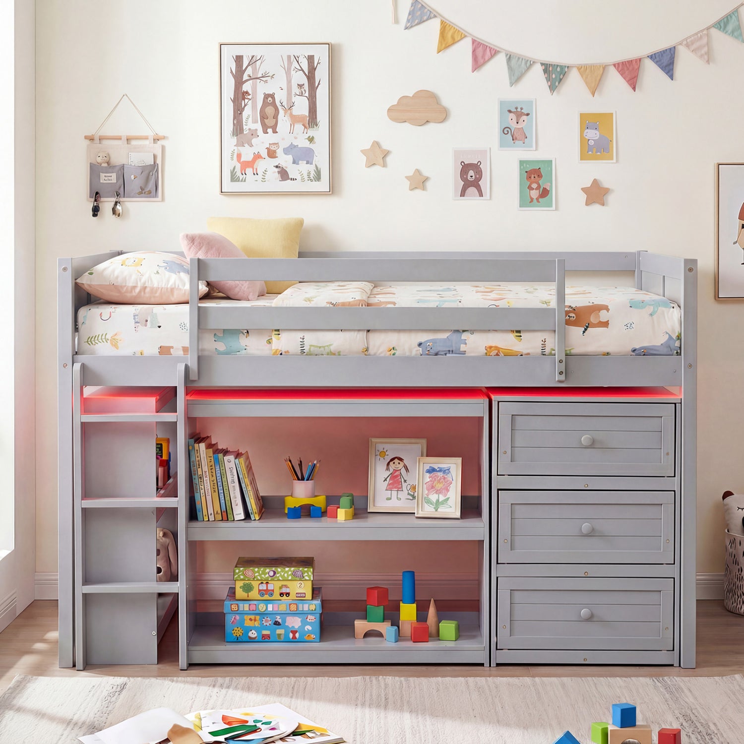 Twin Size Loft Bed with LED Lights and Underbed Space for Kids, Gray Bunk Bed Frame at Gallery Canada