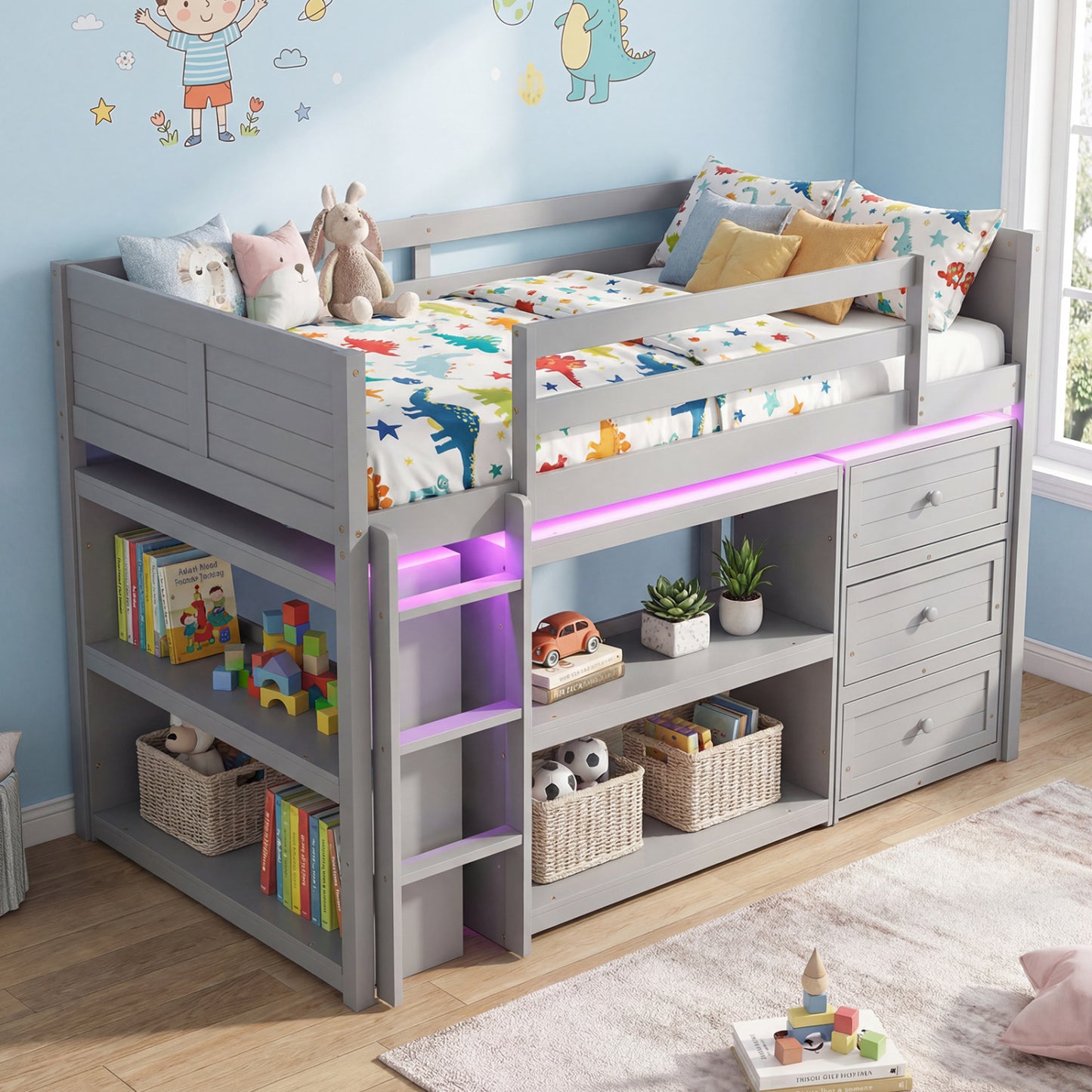 Twin Size Loft Bed with LED Lights and Underbed Space for Kids, Gray Bunk Bed Frame at Gallery Canada