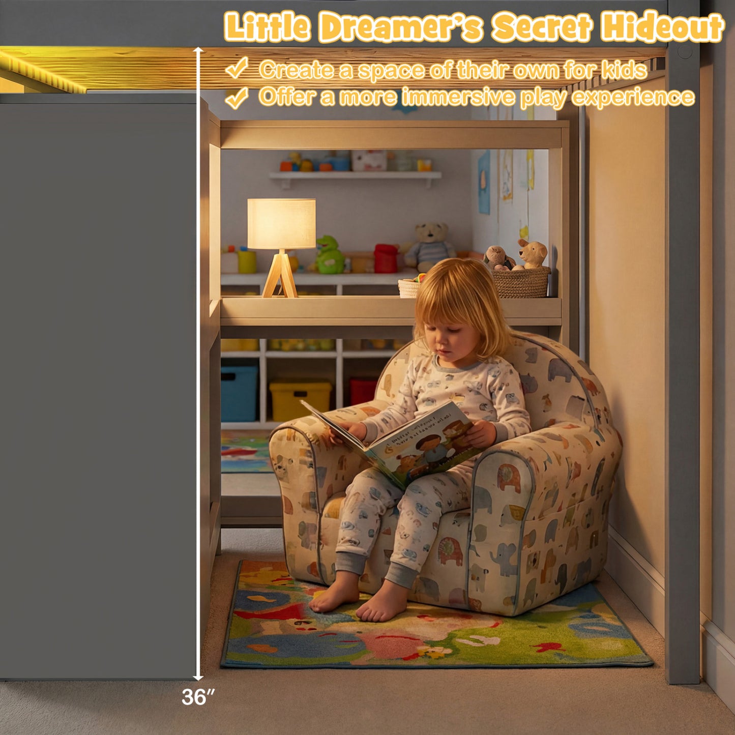 Twin Size Loft Bed with LED Lights and Underbed Space for Kids, Gray Bunk Bed Frame at Gallery Canada