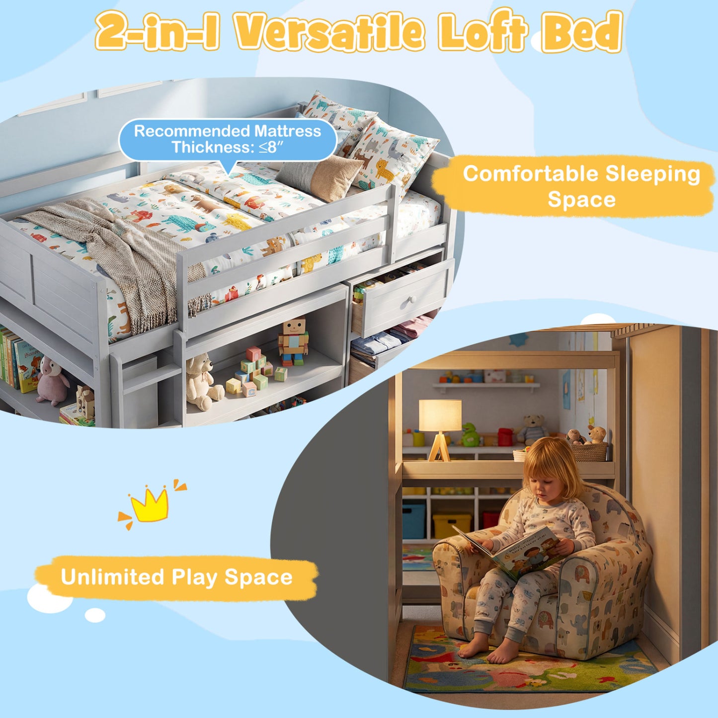 Twin Size Loft Bed with LED Lights and Underbed Space for Kids, Gray Bunk Bed Frame at Gallery Canada