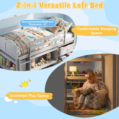 Twin Size Loft Bed with LED Lights and Underbed Space for Kids, Gray Bunk Bed Frame at Gallery Canada