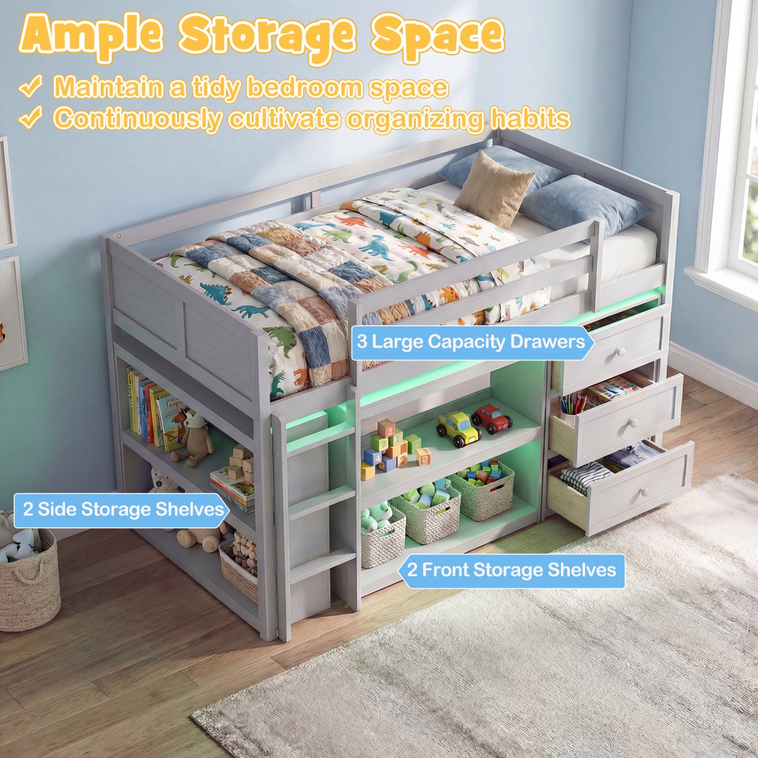 Twin Size Loft Bed with LED Lights and Underbed Space for Kids, Gray Bunk Bed Frame at Gallery Canada