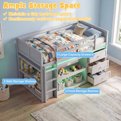 Twin Size Loft Bed with LED Lights and Underbed Space for Kids, Gray Bunk Bed Frame at Gallery Canada
