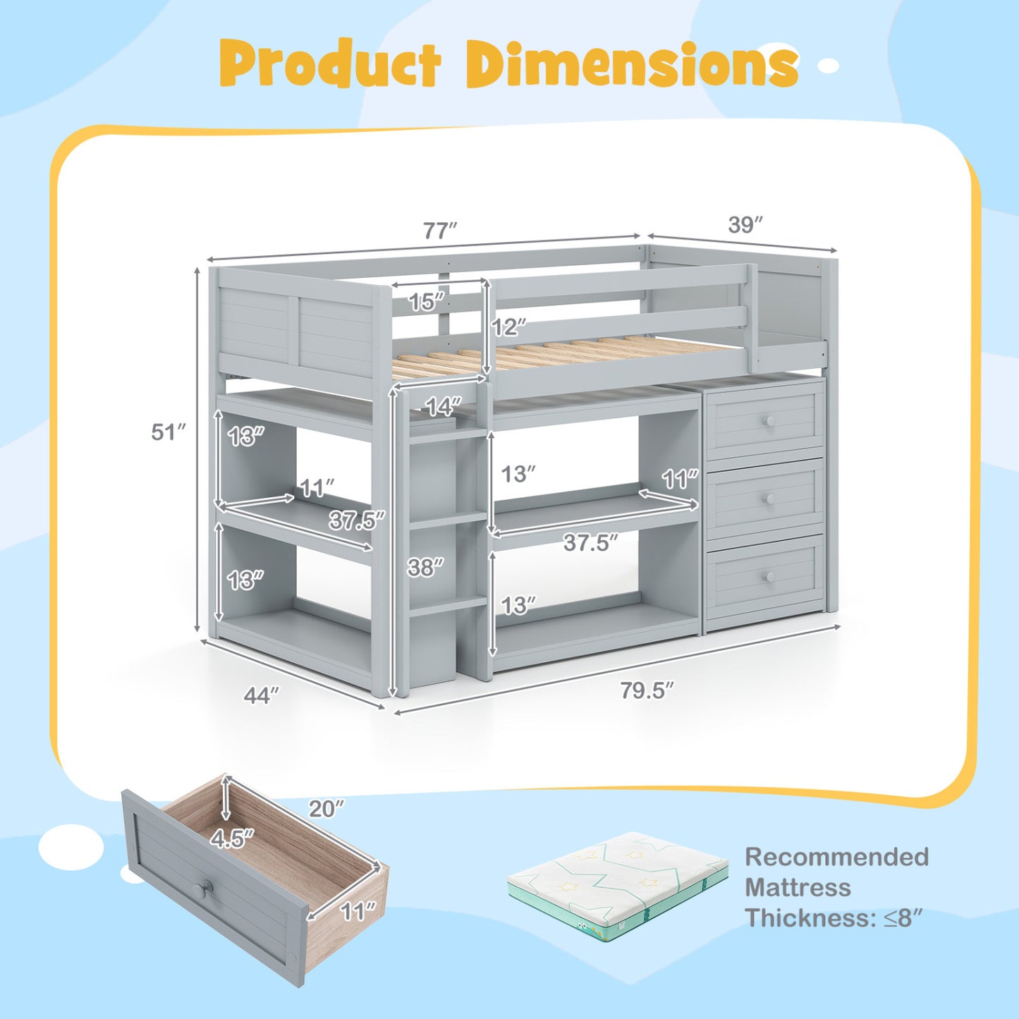 Twin Size Loft Bed with LED Lights and Underbed Space for Kids, Gray Bunk Bed Frame at Gallery Canada