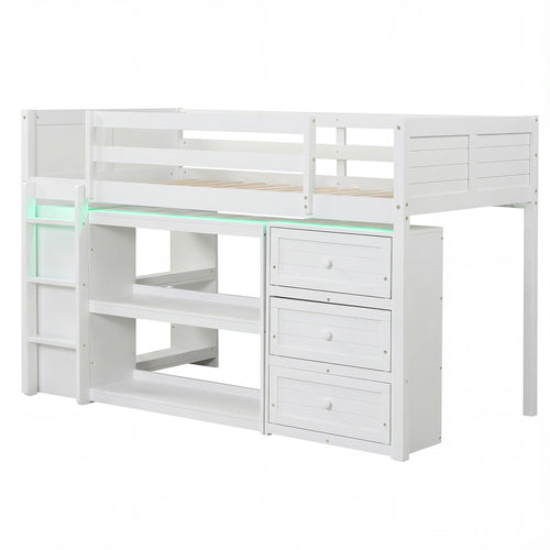 Twin Size Loft Bed with LED Lights and Underbed Space for Kids, White