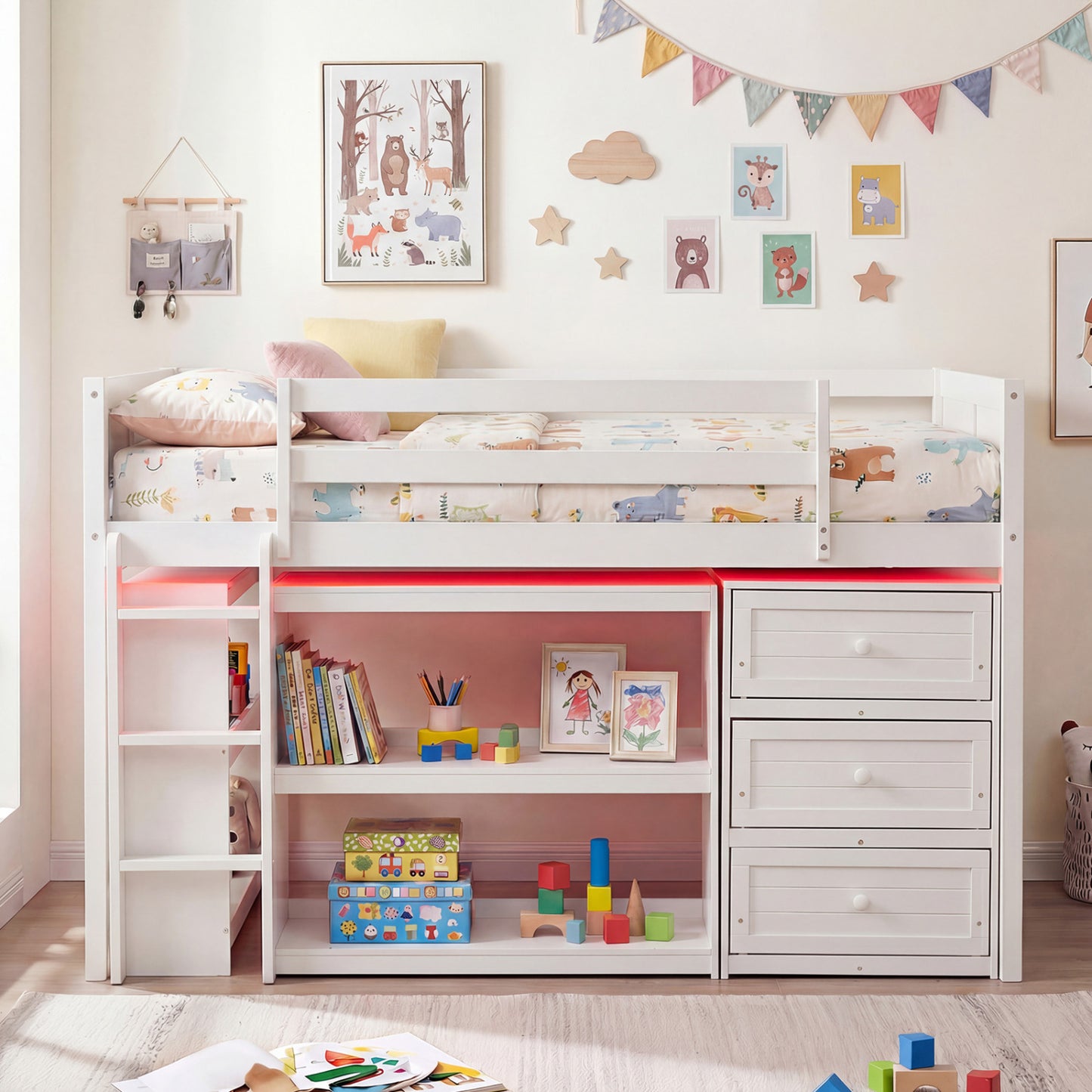 Twin Size Loft Bed with LED Lights and Underbed Space for Kids, White Bunk Bed Frame at Gallery Canada