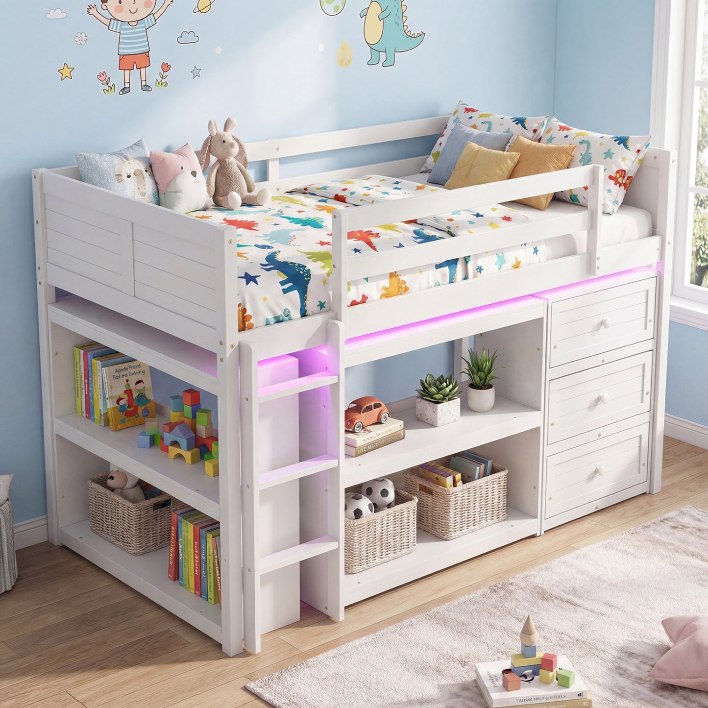 Twin Size Loft Bed with LED Lights and Underbed Space for Kids, White Bunk Bed Frame at Gallery Canada