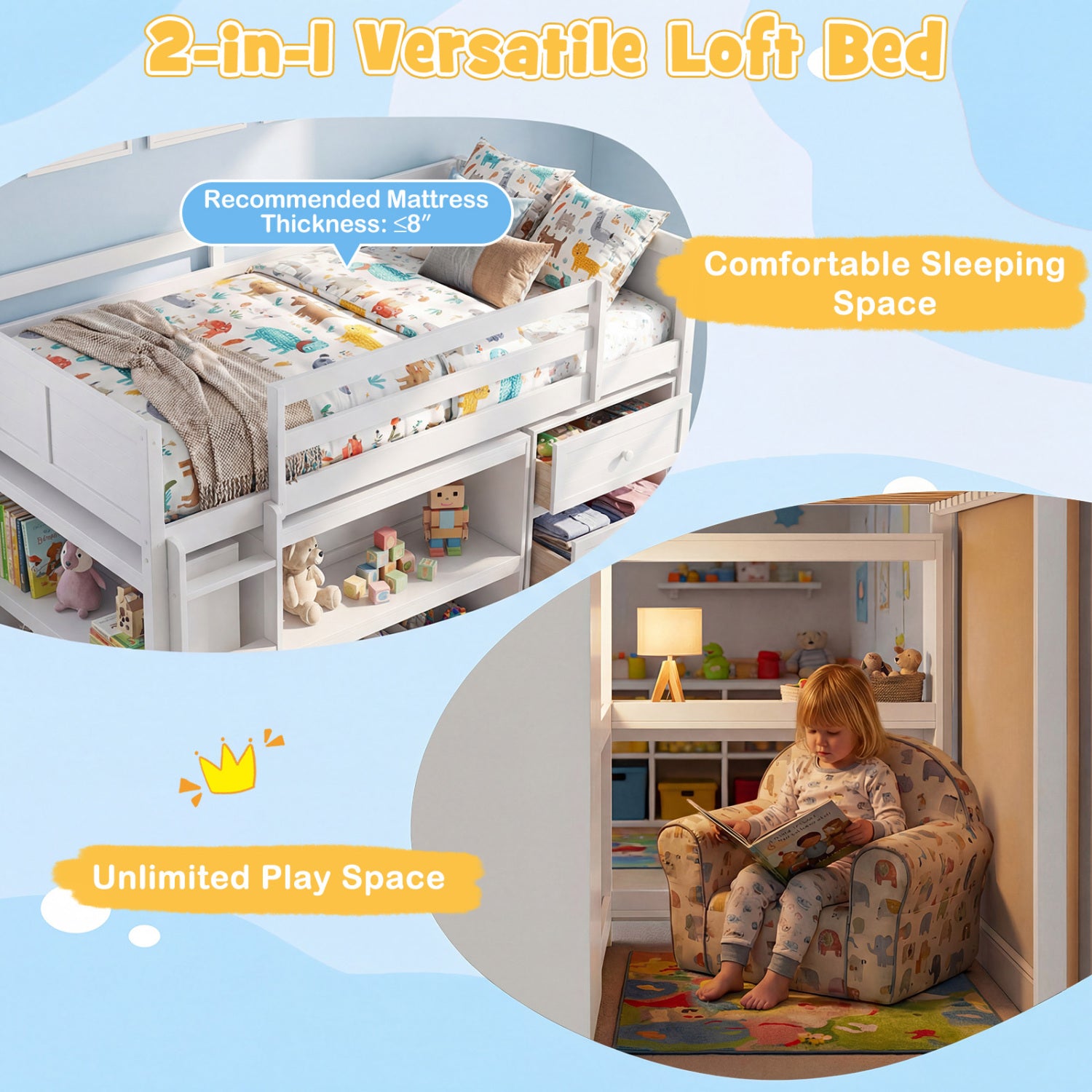 Twin Size Loft Bed with LED Lights and Underbed Space for Kids, White Bunk Bed Frame at Gallery Canada