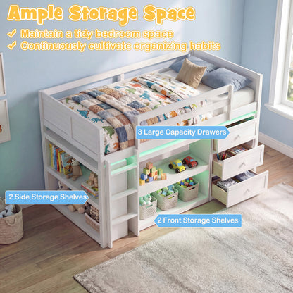 Twin Size Loft Bed with LED Lights and Underbed Space for Kids, White Bunk Bed Frame at Gallery Canada