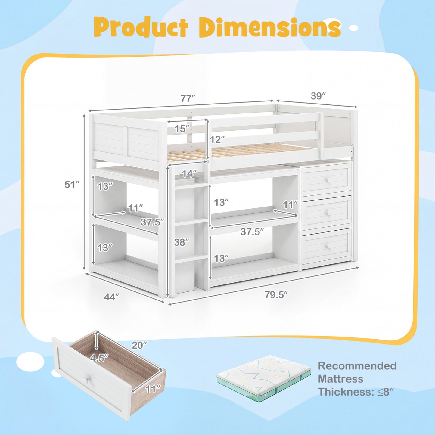 Twin Size Loft Bed with LED Lights and Underbed Space for Kids, White Bunk Bed Frame at Gallery Canada