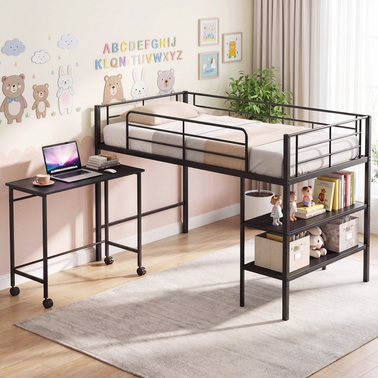 Twin Size Loft Bed with Rolling Desk, Bookshelf, Black Bunk Bed Frame at Gallery Canada