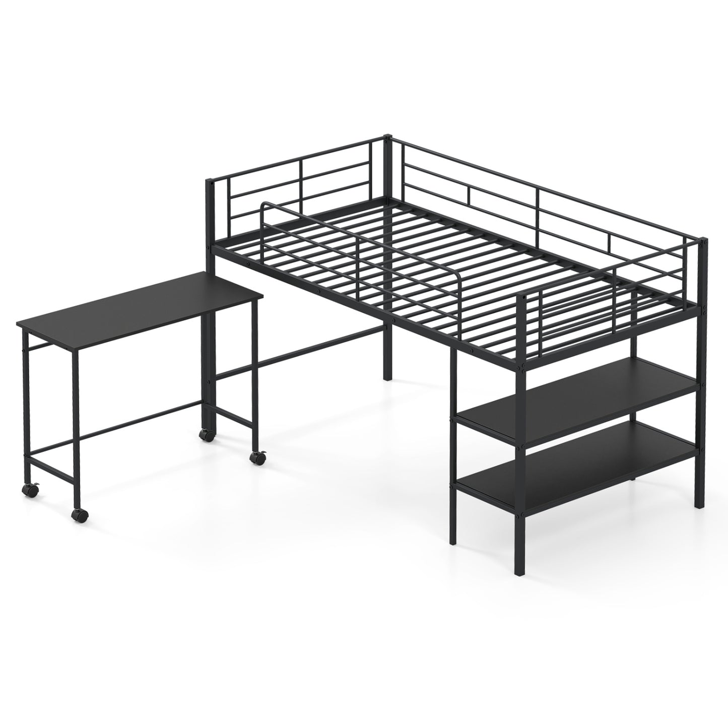 Twin Size Loft Bed with Rolling Desk, Bookshelf, Black Bunk Bed Frame at Gallery Canada