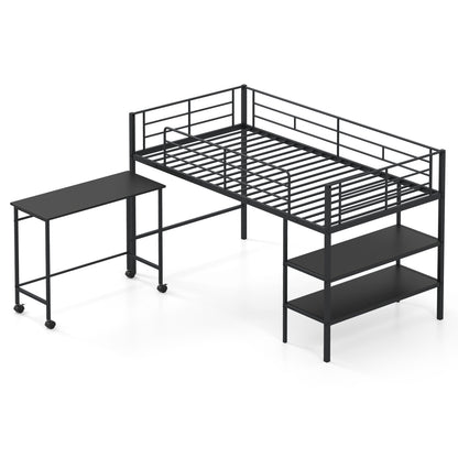 Twin Size Loft Bed with Rolling Desk, Bookshelf, Black Bunk Bed Frame at Gallery Canada