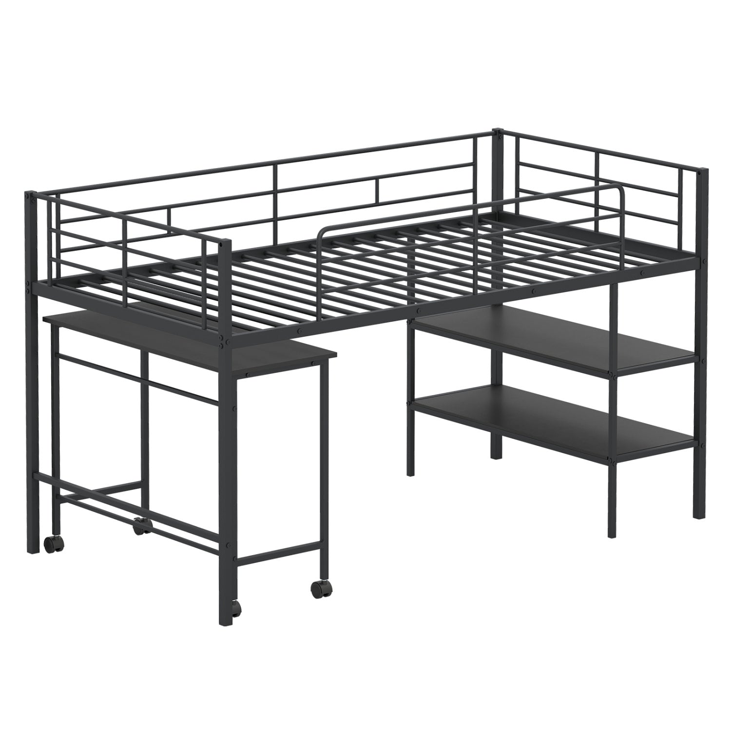 Twin Size Loft Bed with Rolling Desk, Bookshelf, Black Bunk Bed Frame at Gallery Canada