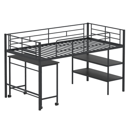 Twin Size Loft Bed with Rolling Desk, Bookshelf, Black Bunk Bed Frame at Gallery Canada