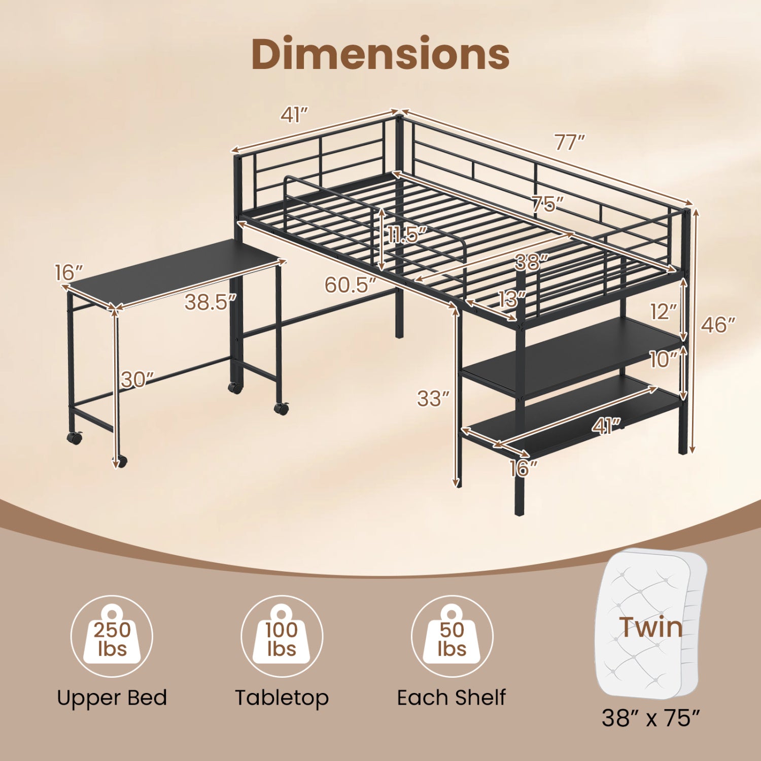 Twin Size Loft Bed with Rolling Desk, Bookshelf, Black Bunk Bed Frame at Gallery Canada