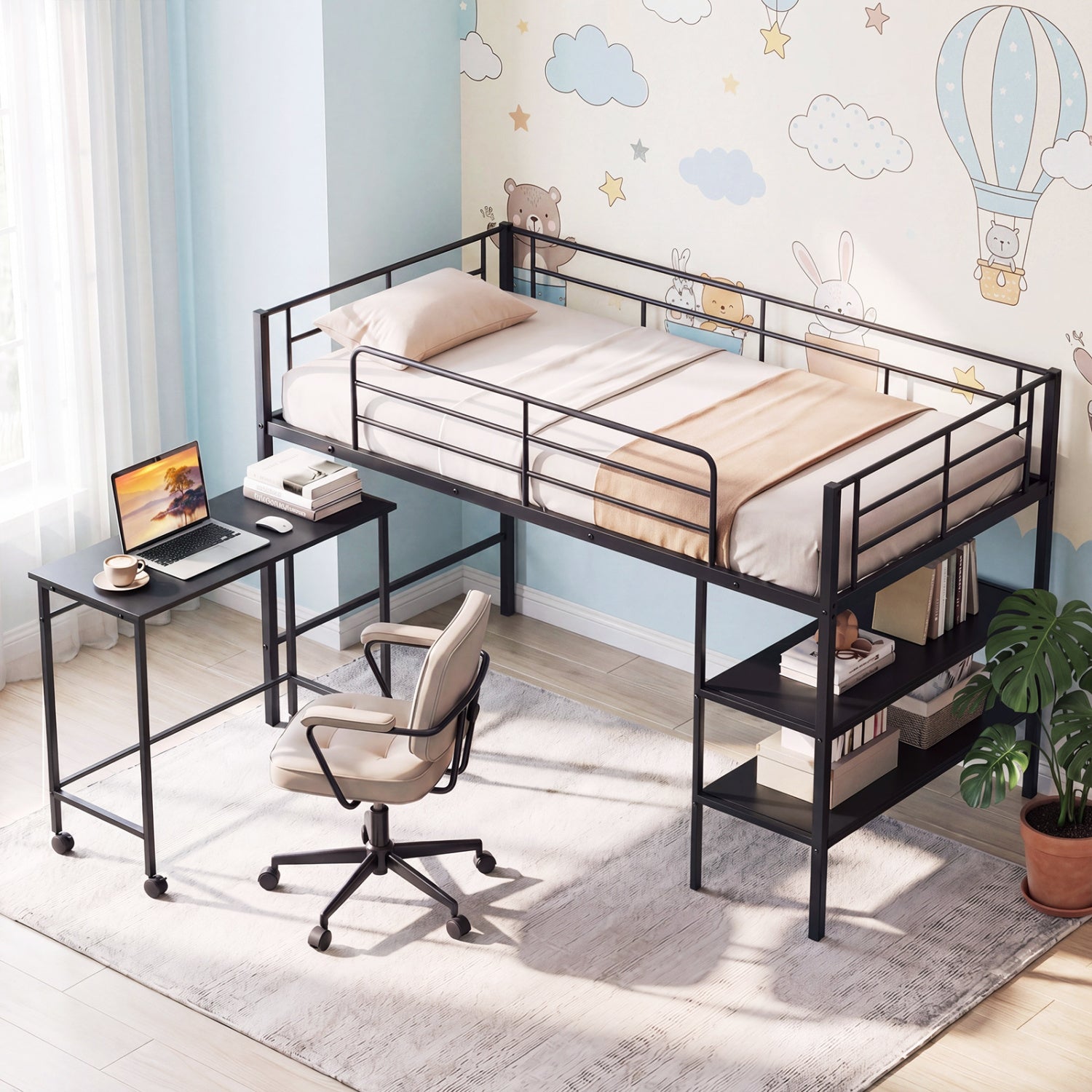 Twin Size Loft Bed with Rolling Desk, Bookshelf, Black Bunk Bed Frame at Gallery Canada