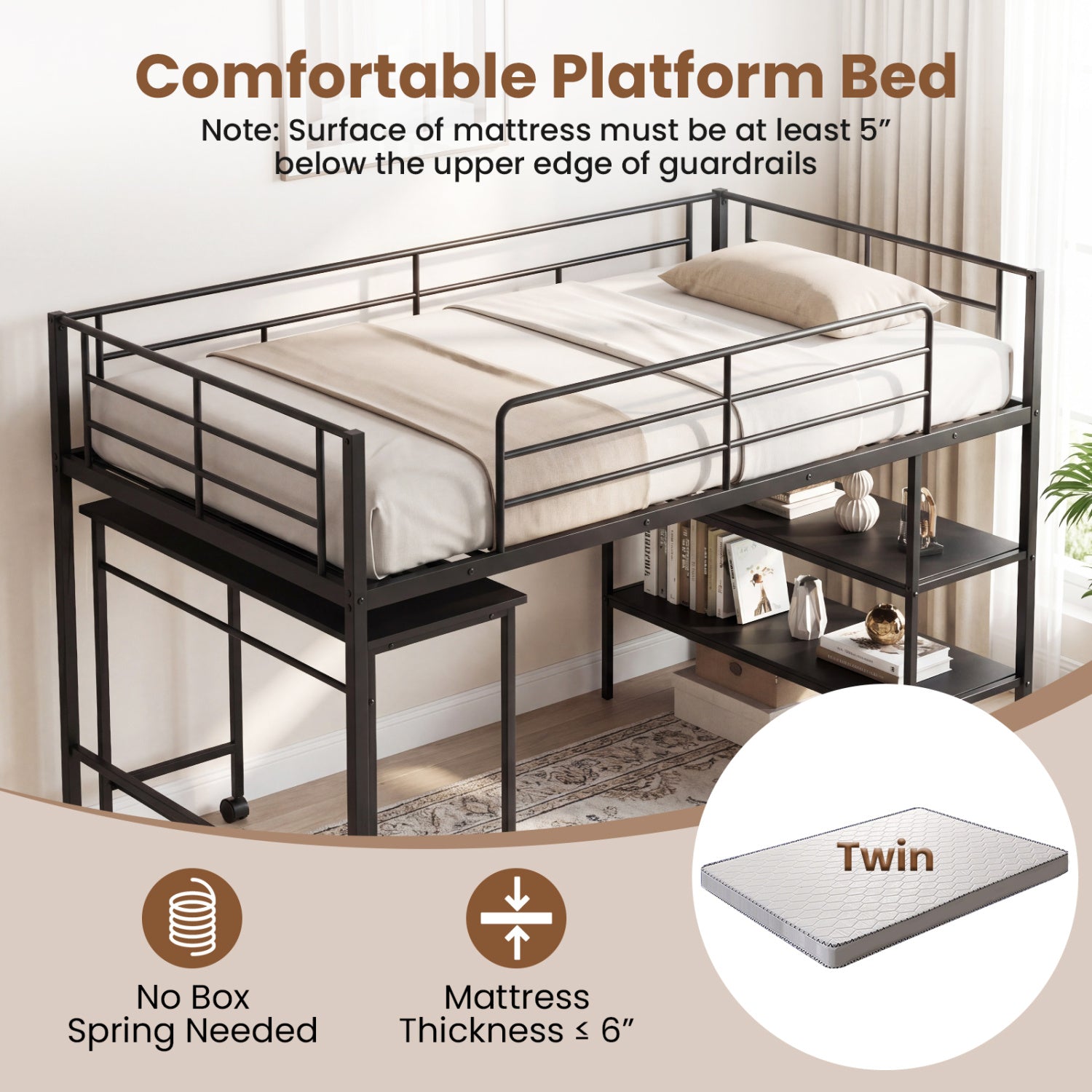 Twin Size Loft Bed with Rolling Desk, Bookshelf, Black Bunk Bed Frame at Gallery Canada