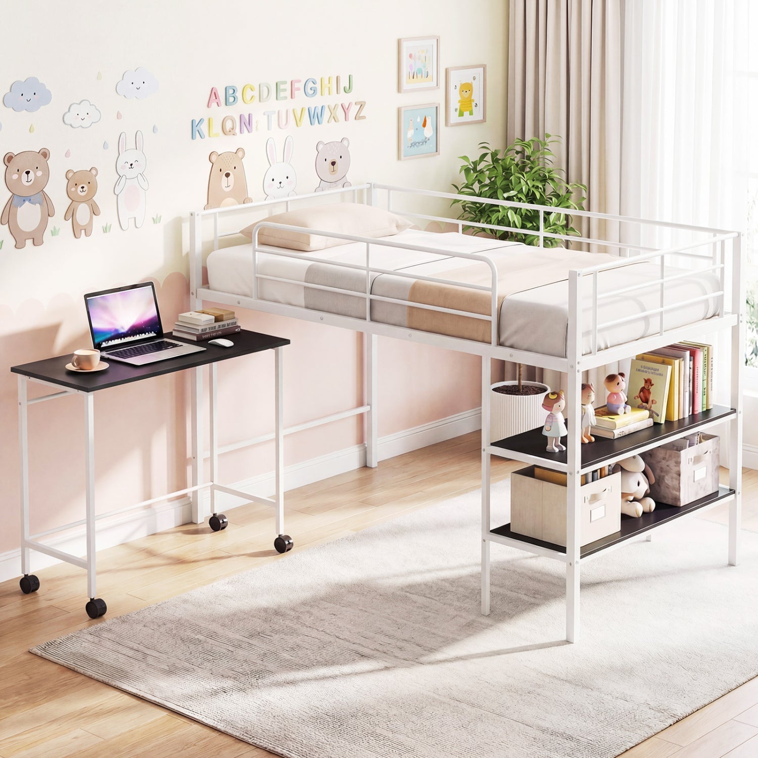 Twin Loft Bed with Rolling Desk, Bookshelf, White Bunk Bed Frame at Gallery Canada