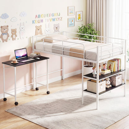 Twin Loft Bed with Rolling Desk, Bookshelf, White Bunk Bed Frame at Gallery Canada