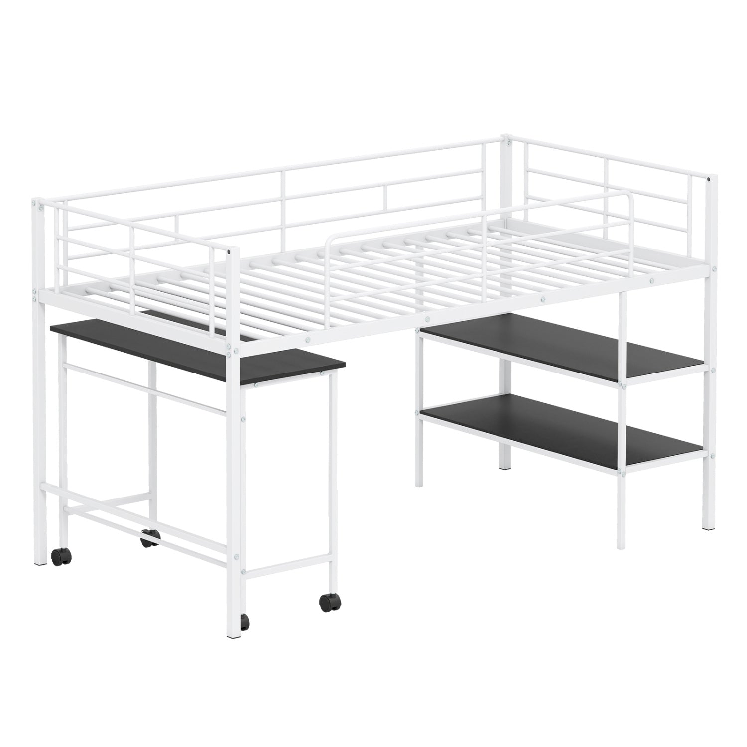 Twin Loft Bed with Rolling Desk, Bookshelf, White Bunk Bed Frame at Gallery Canada