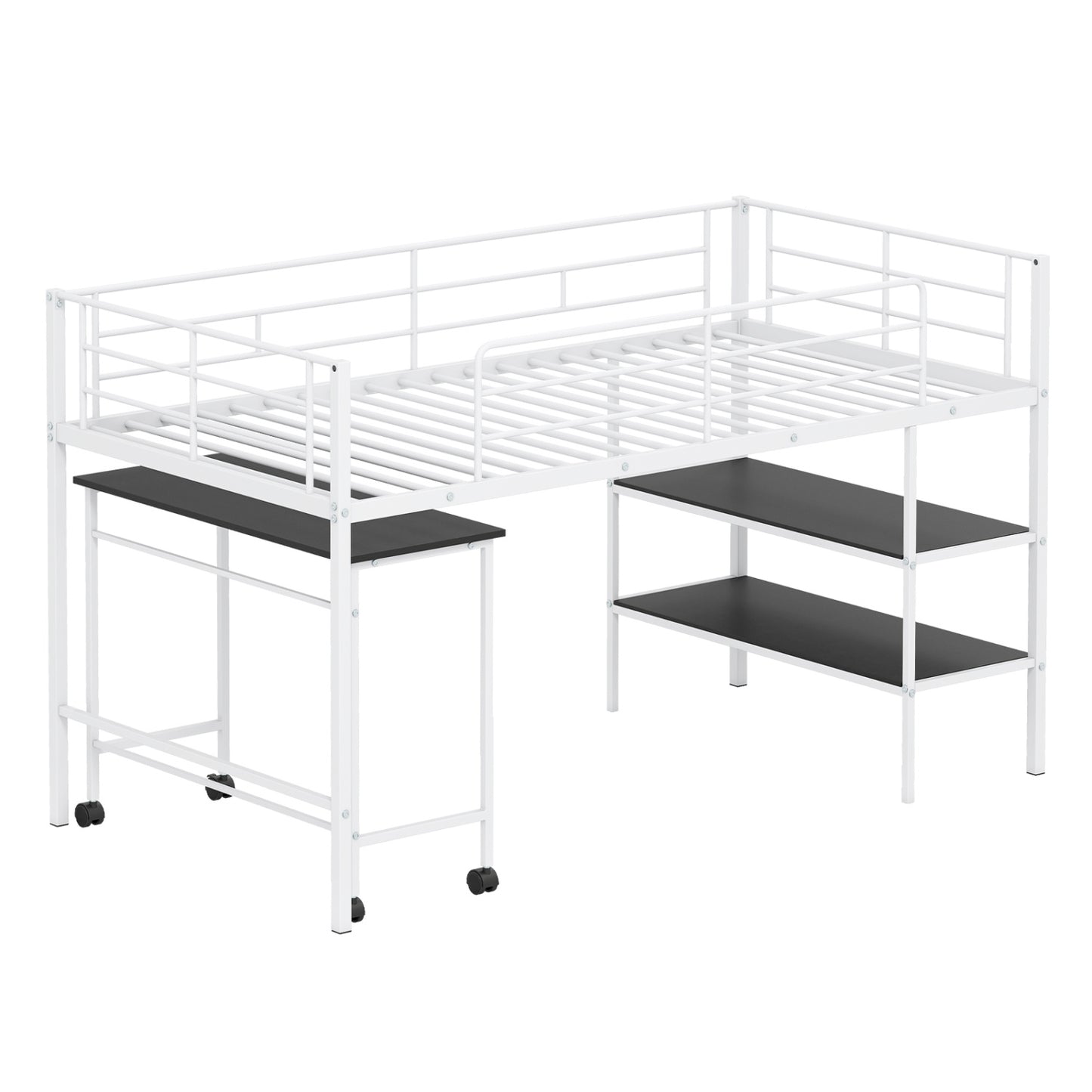 Twin Loft Bed with Rolling Desk, Bookshelf, White Bunk Bed Frame at Gallery Canada