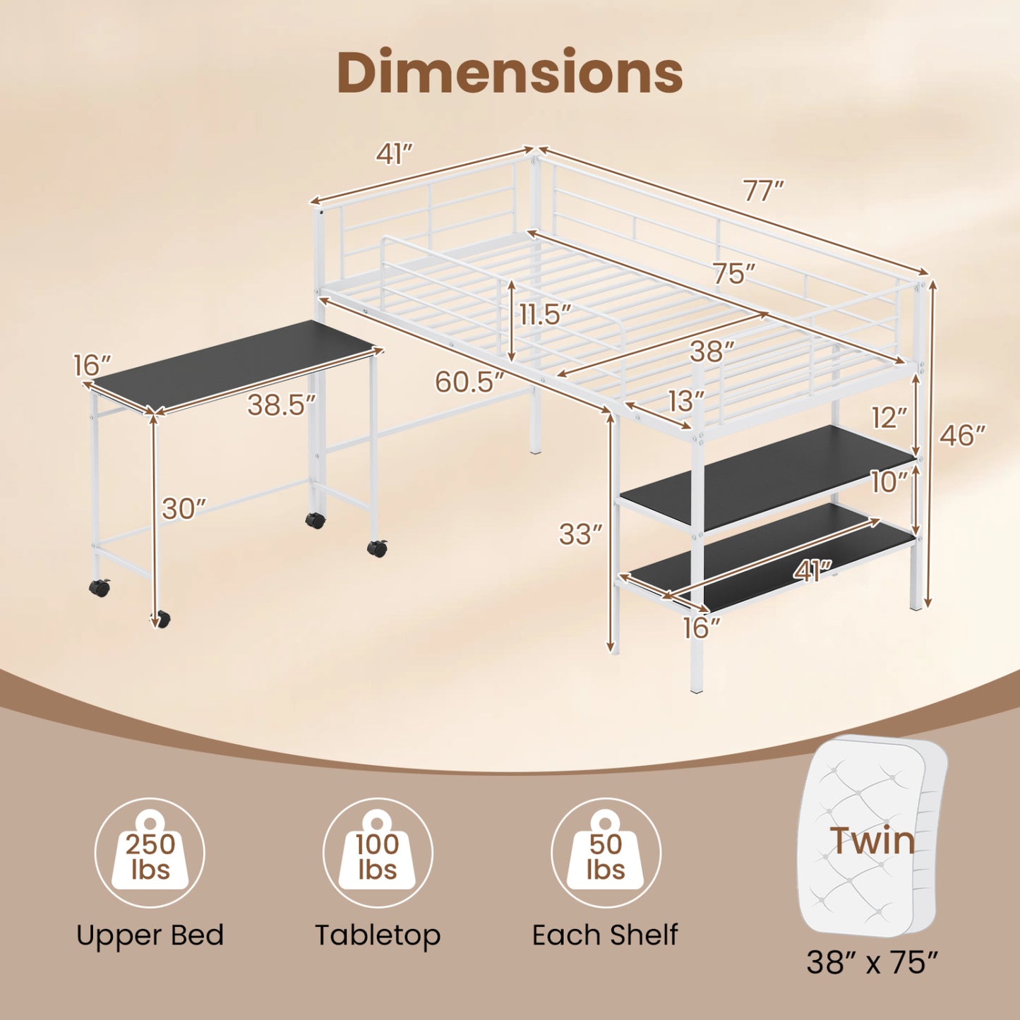 Twin Loft Bed with Rolling Desk, Bookshelf, White Bunk Bed Frame at Gallery Canada