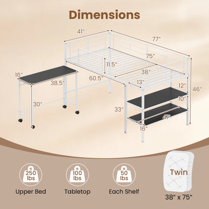 Twin Loft Bed with Rolling Desk, Bookshelf, White Bunk Bed Frame at Gallery Canada