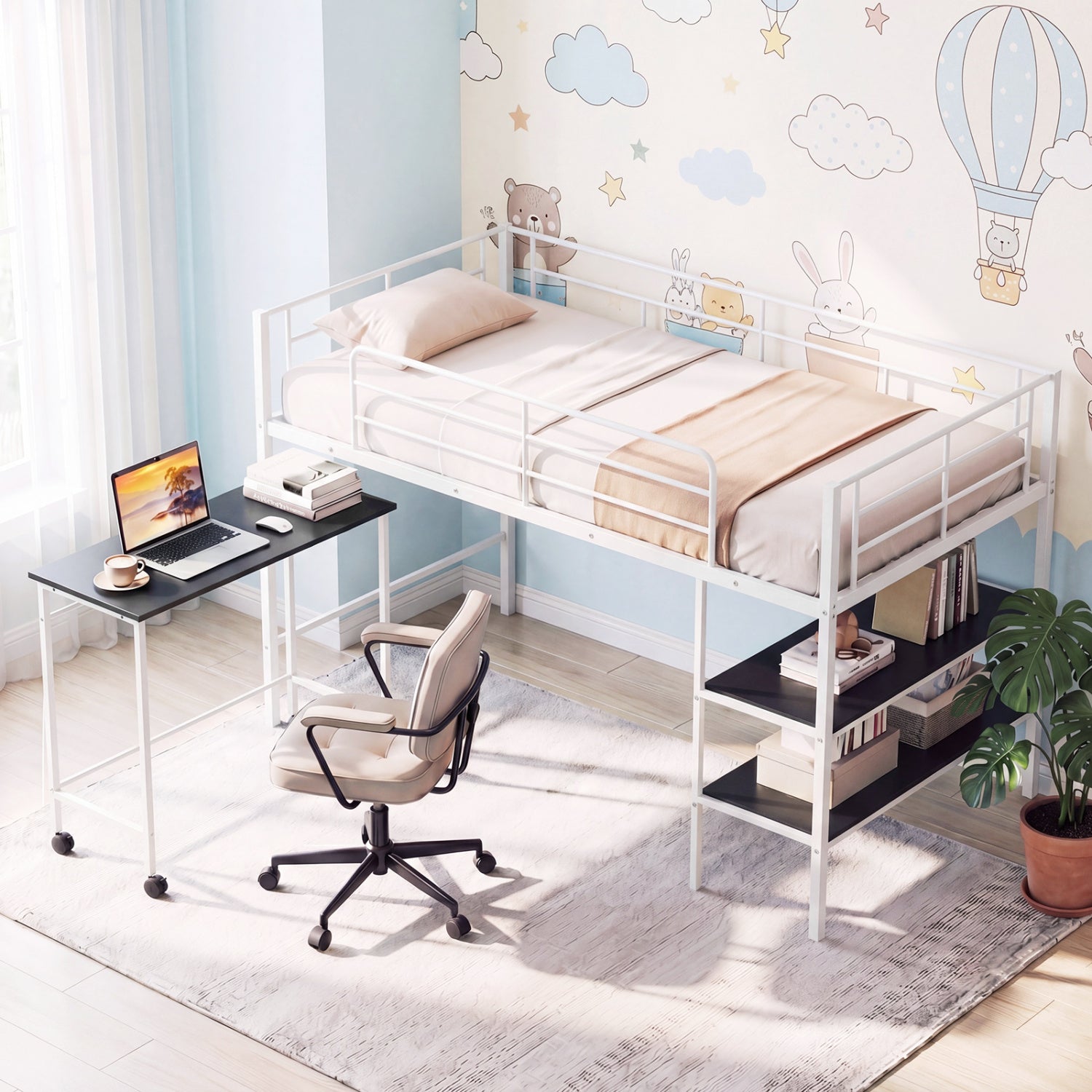 Twin Loft Bed with Rolling Desk, Bookshelf, White Bunk Bed Frame at Gallery Canada