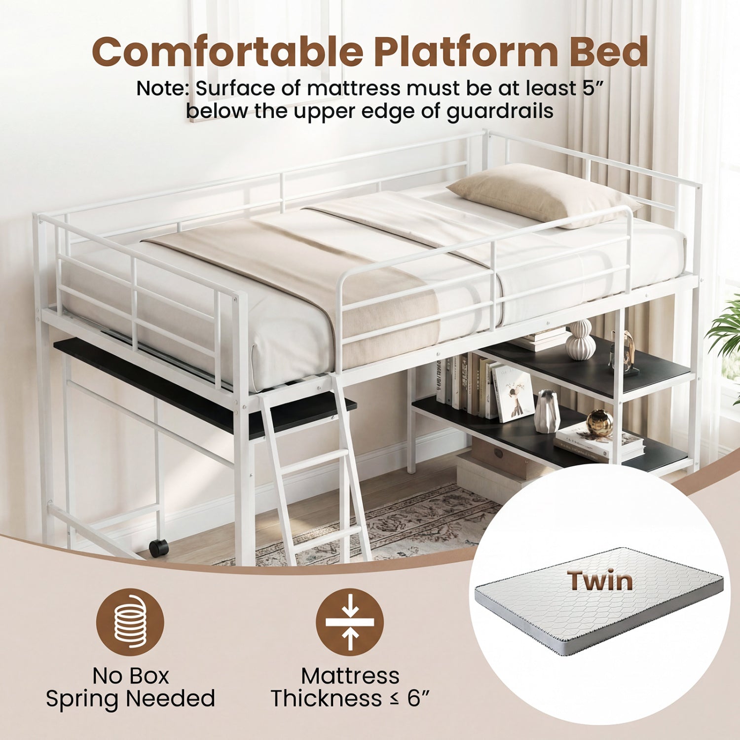 Twin Loft Bed with Rolling Desk, Bookshelf, White Bunk Bed Frame at Gallery Canada