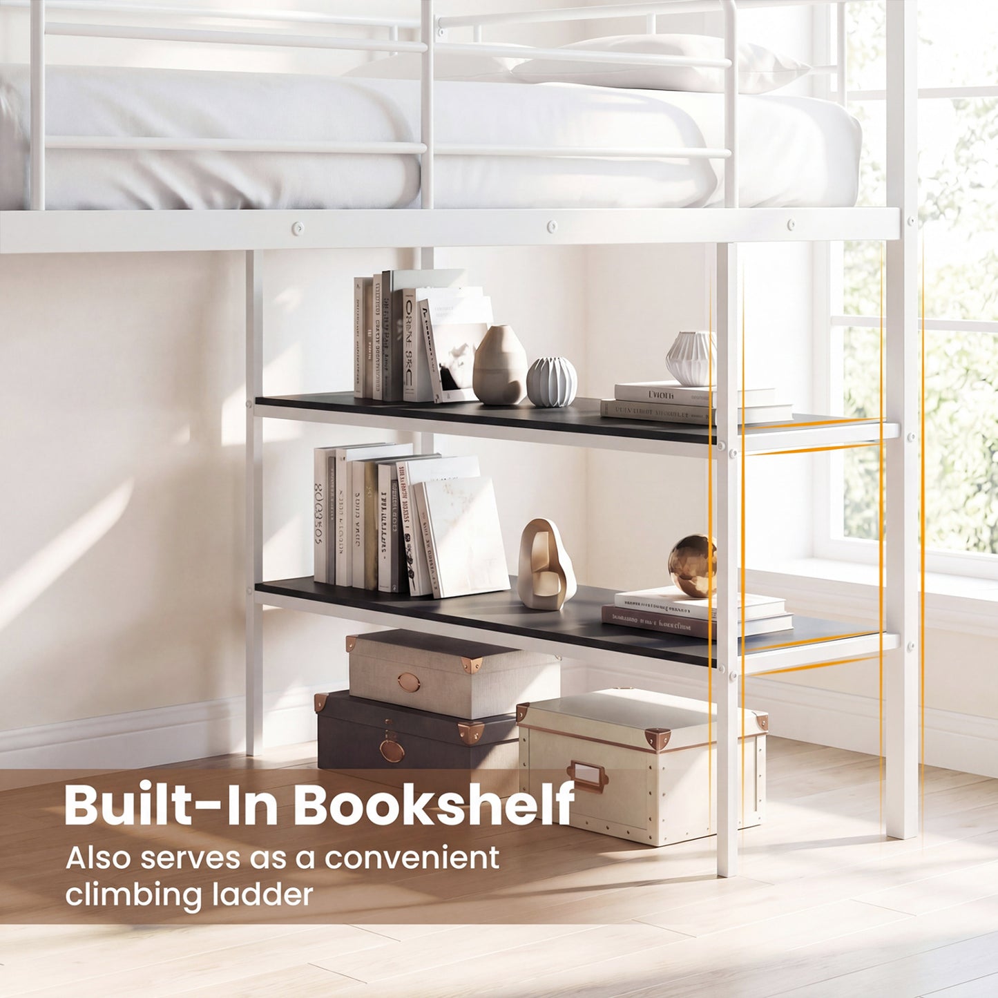 Twin Loft Bed with Rolling Desk, Bookshelf, White Bunk Bed Frame at Gallery Canada