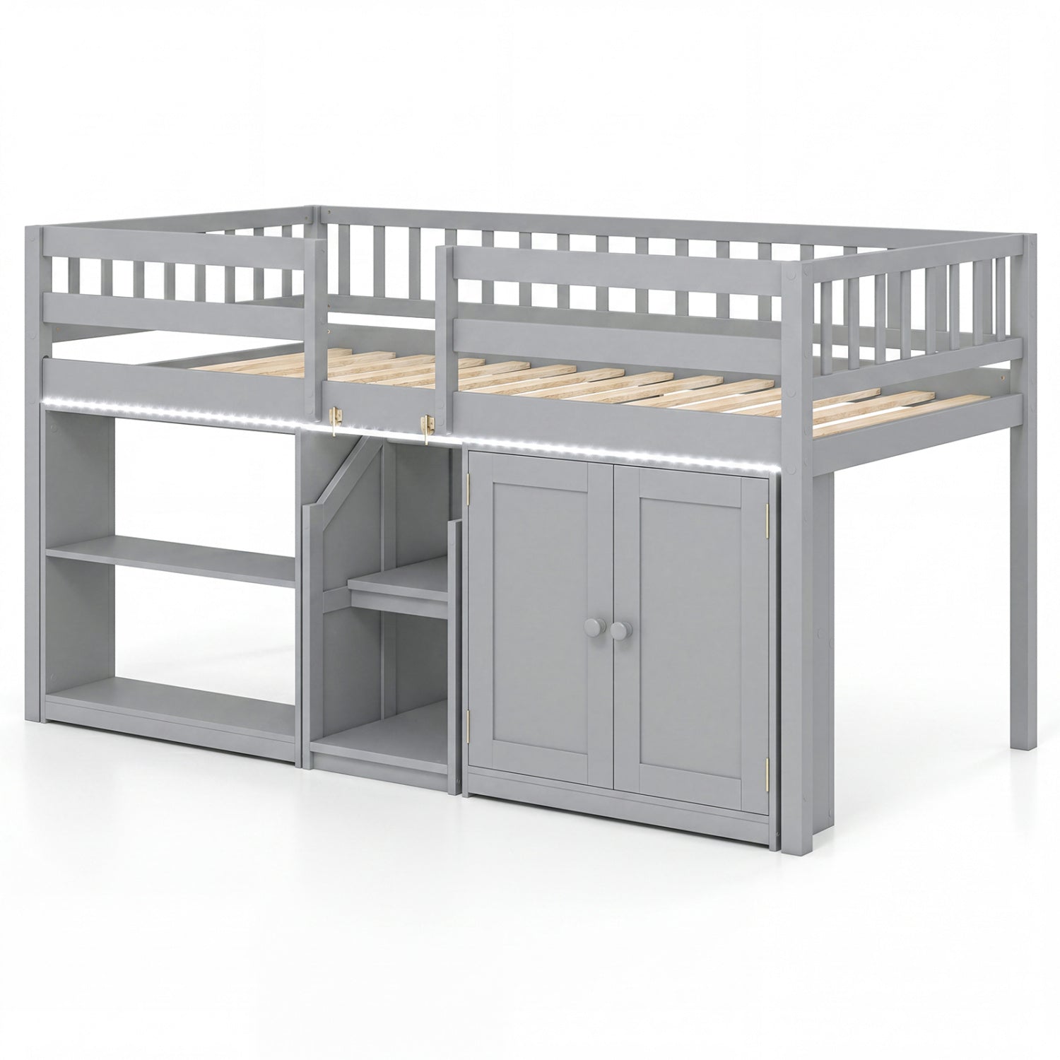 Twin Size Loft Bed With LED Lights, Wooden Frame, Gray Bunk Bed Frame at Gallery Canada